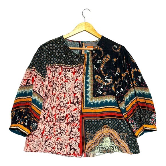 ANTHROPOLOGIE WOMENS BOHO BLOUSE SMALL MULTICOLOR BEADED SEQUIN FLORAL PRINT - Picture 2 of 16